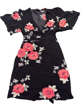 Lulu's Black Floral V-Neck Dress with Red Rose Print